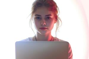 ai generado joven mujer con ordenador portátil en blanco antecedentes. foto