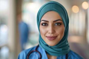 AI generated Confident Muslim nurse in hijab on isolated background. photo