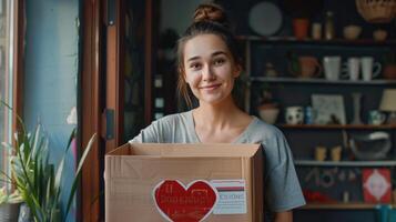 AI generated Woman donating items with a smile and heart. photo