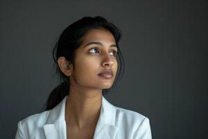 ai generado indio mujer de negocios en blanco traje soñando de futuro éxito. foto