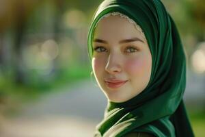 AI generated Fashion portrait of young beautiful muslim woman with green costume wearing hijab photo