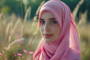 AI generated Fashion portrait of young beautiful muslim woman with pink costume wearing hijab photo