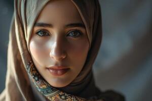 AI generated Fashion portrait of young muslim wearing hijab photo