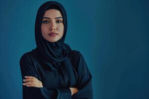 AI generated Young Arab Asian Muslim woman in abaya hijab  studio portrait. photo