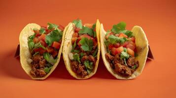 ai generado frontal ver de Tres delicioso tacos con vegano carne y cilantro en naranja antecedentes. foto