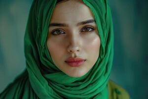 AI generated Fashion portrait of young beautiful muslim woman with green costume wearing hijab photo
