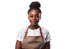 AI generated Isolated small business african american lady owner or barista with apron on white background. photo