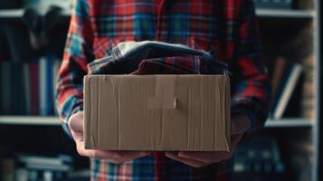 AI generated Man holding a book and clothes donate box. Donation concept. photo