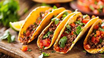 AI generated Mexican beef tacos with tomato sauce and salsa. photo