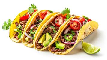 AI generated Mexican beef tacos with toppings on white background. photo