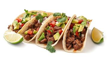 AI generated Mexican beef tacos with toppings on white background. photo