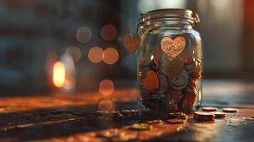 AI generated Money jar full of coins for charity and a couple of heart shapes photo