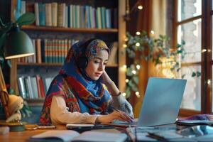 AI generated Online education for Muslim women studying at home. photo