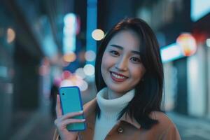 AI generated Portrait of confident young Asian woman holding mobile phone with smiling face photo