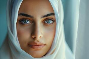 AI generated Portrait of beautiful young muslim arabian woman wearing white hijab looking at camera  copy space photo