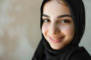 AI generated Smiling young Arabian girl in black hijab portrait. photo