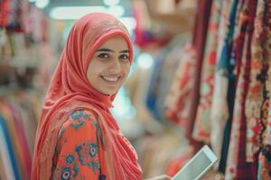 AI generated Young Muslim businesswoman smiles  holds tablet in fashion boutique. photo