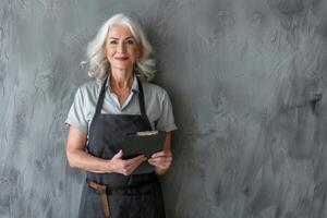 AI generated Smiling mature woman in apron with clipboard  successful business owner photo