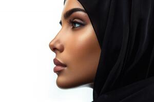 AI generated Profile of an arab saudi woman face with perfect skin isolated on a white background photo