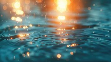 AI generated Soft focus bokeh light effects over a rippled  blue water background with lens flare. photo