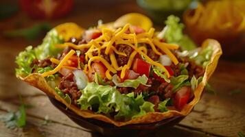 AI generated Taco Salad in a Tortilla Bowl with Beef Cheese and Lettuce photo