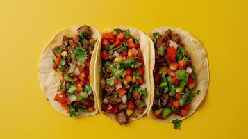 AI generated Traditional Mexican tacos with meat and vegetables on yellow background photo