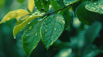 AI generated Water drop from green leaf on summer background photo