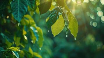 AI generated Water drop from green leaf on summer background photo