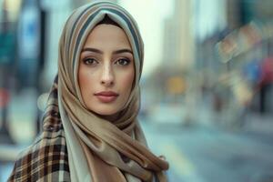 AI generated Young beautiful fashion hijab women posing with urban city background photo