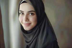 AI generated Beautiful Muslim woman in hijab smiling confidently. photo