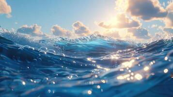 AI generated Ocean view seascape with big curly wave and underwater view. photo