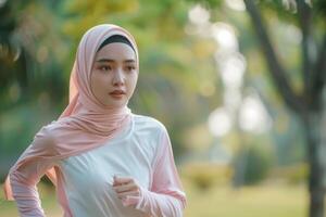 ai generado retrato de atractivo joven asiático musulmán mujer corriendo y hacer ejercicio al aire libre foto