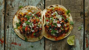 AI generated two mexican street tacos close up shot from above photo