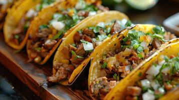 AI generated wooden tray full of mexican street tacos photo