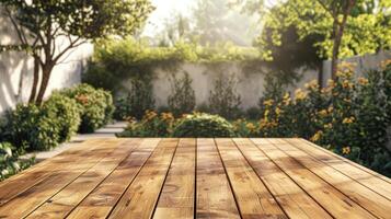 ai generado vacío de madera mesa en iluminado por el sol jardín para producto colocación. foto