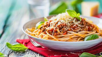 ai generado espaguetis boloñesa con albahaca queso y agua en lado. foto