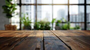 AI generated Wood table top on glass window building background for product display. photo