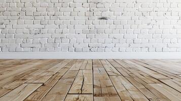 AI generated room interior vintage with white brick wall and wood floor background photo