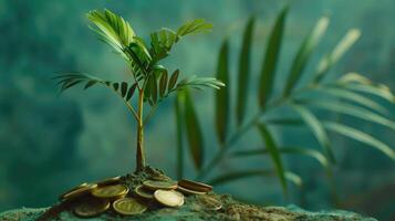 AI generated Money pile with growing tree symbolizes business success. photo