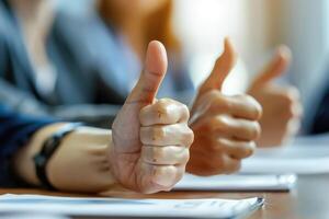 AI generated People confirm with thumbs up at conference for quality education. photo