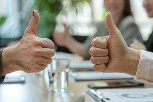 AI generated People giving thumbs up at conference for quality product and happy clients. photo