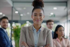 AI generated New mixed race employee introduced on first day at work. photo