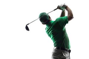 AI generated Golfer in green shirt swinging on white background. photo