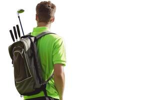 AI generated Golf Player in a green shirt  standing with a bag of golf clubs on his back  on a white Background. photo