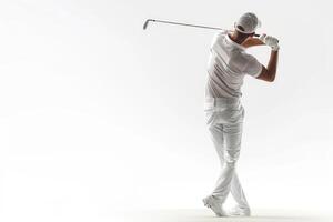 AI generated Golfer in white shirt swinging on white background. photo
