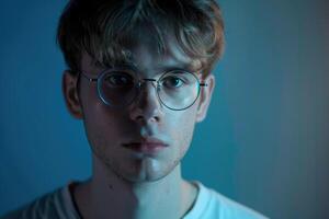 AI generated Portrait of a young man with glasses in a studio on a blue background. photo