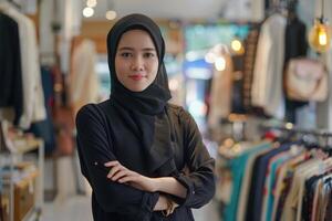 AI generated Asian Muslim female business owner in boutique fashion store portrait. photo