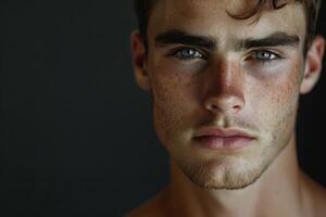 ai generado hombre masculino belleza retrato en negro antecedentes. joven caucásico hombre curioso grave cerca arriba. foto