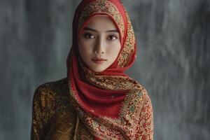 ai generado elegante musulmán modelo en tradicional kebaya y hiyab foto