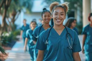AI generated Diverse team of medical students in scrubs on campus. photo